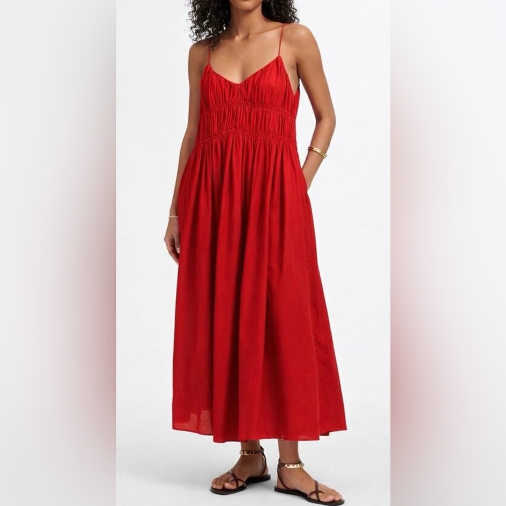 Madewell Textured V-Neck Midi Dress Festival Red Linen Blend Sz M New with tags